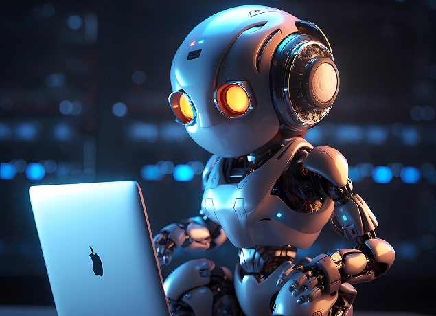 Robot chatting on a laptop